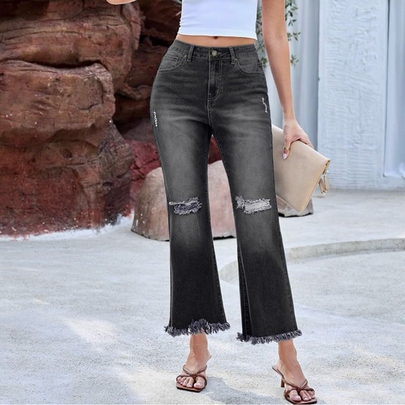 Denim - Like New XXL Crop Flare Jeans High Waist Rip Distressed Wide Leg Stretch Raw Hem